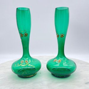 Emerald Green Bohemian Glass Bud Vase Pair Hand Blown Painted Fluted Unique Vint